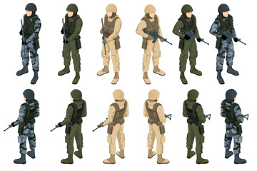 Isometric soldier in camouflage. Soldiers with assault rifles isolated on white background
