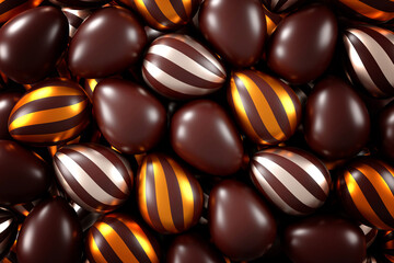 delicious chocolate easter eggs on brown background.  flat lay. top view. happy easter day concept. 3D illustration