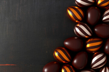 delicious chocolate easter eggs on old black wood background. flat lay. top view. happy easter day concept. 3D illustration