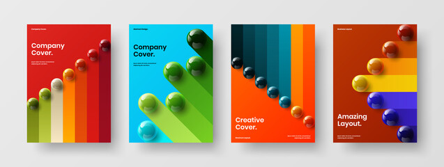 Fresh 3D spheres poster template bundle. Unique pamphlet A4 vector design concept composition.