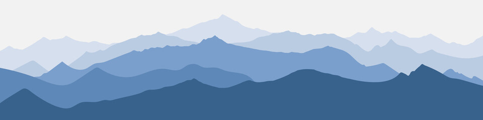 Fototapeta na wymiar Vector illustration of mountains, ridge in the morning haze, panoramic view.
