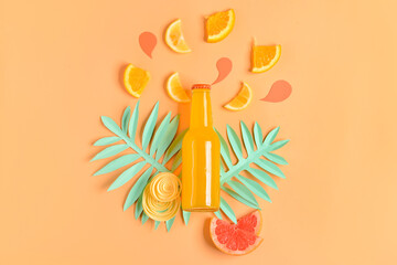 Composition with bottle of fresh soda on orange background