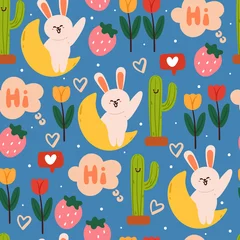 Foto op Aluminium seamless pattern hand drawing bunny and plant for kids wallpaper, fabric print, textile, gift wrap paper © PIPIOREN