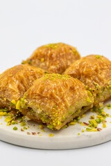 Pistachio baklava. Close-up. Traditional Middle Eastern Flavors. Traditional Turkish baklava. local name fistikli baklava