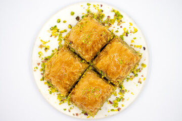 Pistachio baklava. Close-up. Traditional Middle Eastern Flavors. Traditional Turkish baklava. Top view. local name fistikli baklava
