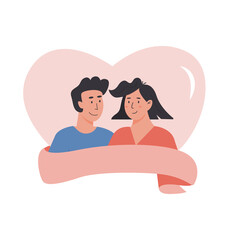 Cute romantic couple in heart with pink ribbon and Happy Valentines day caption. Romantic marriage of love partners.. Flat vector illustration isolated on white background.