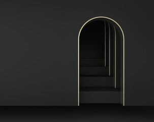 Abstract dark geometric background; arch mock up; simple clean arched design with golden edges; luxury minimalist wall niche mockup; blank space; art deco display; 3d rendering, 3d illustration