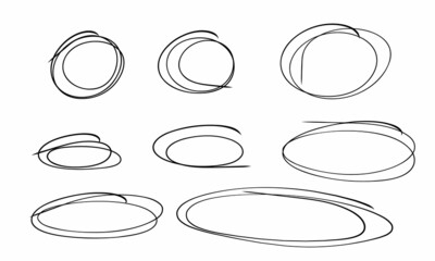 Highlight doodle ovals. Highlight hand drawn circle frames set. Ovals and ellipses line template. Vector illustration isolated on white background.