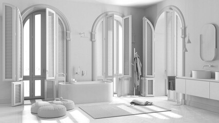 Total white project draft, minimalist bathroom in classic apartment with arched window. Freestanding bathtub, washbasins, mirrors, carpet, rack with towels. Modern interior design