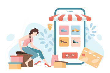 Young lady buying new pair of shoes on online shopping store. Electronic commerce, purchasing goods on internet flat vector illustration