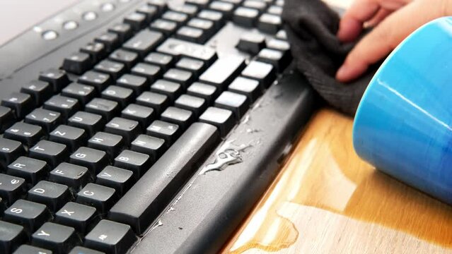 closeup female hands of elderly woman typing text on computer keyboard, cup of coffee, tea suddenly spills, hot liquid spoils equipment, concept of need to repair gadget, an accident at workplace