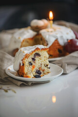 Festive cupcake. Christian holiday Easter. Bread. Eggs. Holy holiday. Christ is Risen. Candle in a cupcake. Kulich. Piece of pie. A piece of cake. piece of cake