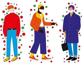 
Flat color illustration of young men in stylish casual street clothes wearing masks against surrounding germs and viruses on a white background