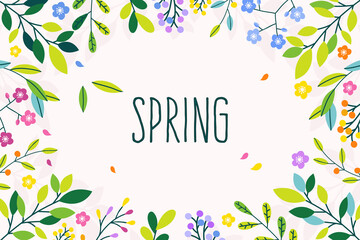 Spring background with colorful flowers and green leaves. Vector illustration. 
