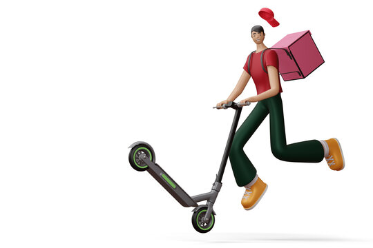 Delivery man riding a scooter with delivery box, 3d rendering