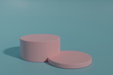 Circle podium, 2 podiums, pink, blue background, free space 3d render.
