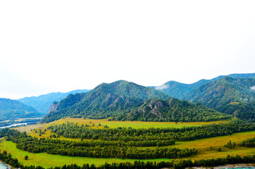 Fototapeta premium The nature of Altai, the photo shows mountains, meadows, the Katun River, Beryuzovaya Katul.