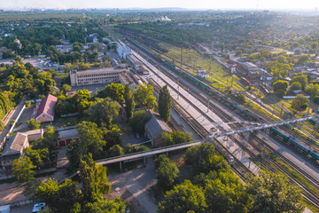 Krivoy Rog railway station from a drone. Trains.