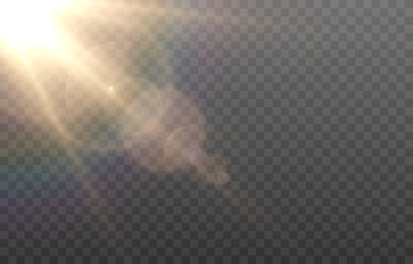 Vector golden light with glare. Sun, sun rays, dawn, glare from the sun png. Gold flare png, glare from flare png.	