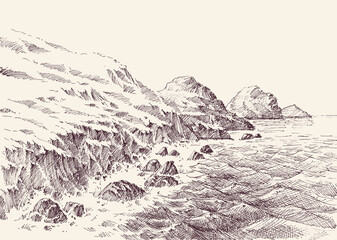 Rocky shore of the sea, waves breaking on shore hand drawing - 491843467