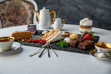 Assorted cakes and desserts for tea drinking