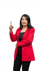 Portrait confident middle-aged Asian woman wearing red jacket points her finger up on a white background.