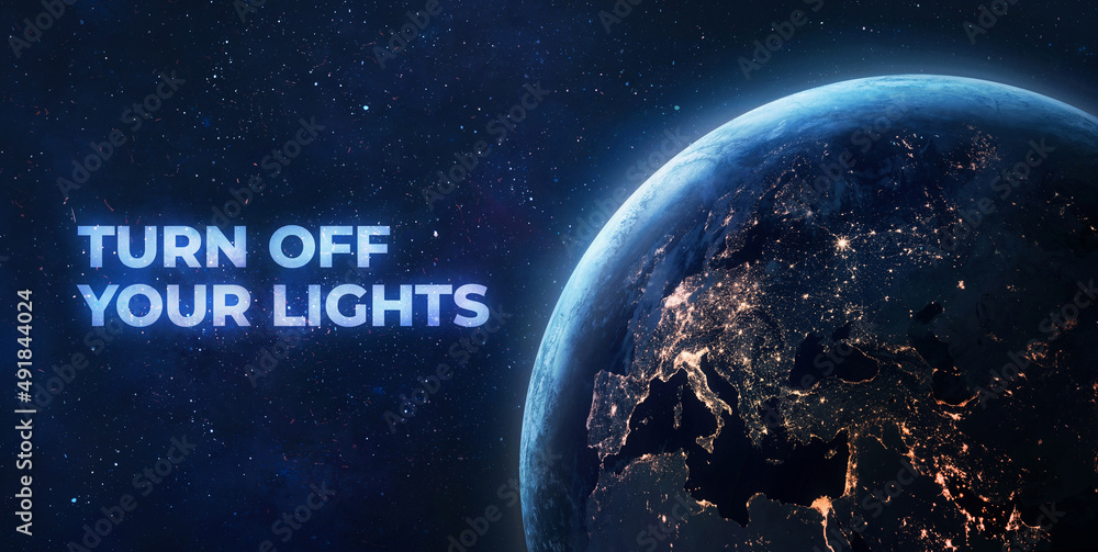 Wall mural earth hour. turn off your lights for save planet. blackout. earth sphere at night with cities lights