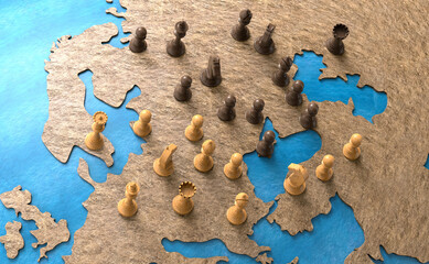 symbol of geopolitics in the world with chess pieces. 3D illustration