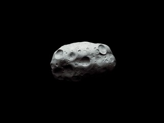 Asteroid covered with impact craters on a black background. Large meteorite isolated. Surface of the space stone. 