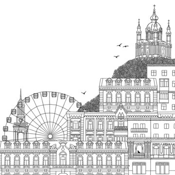 Hand drawn black and white illustration of Kyiv, Ukraine, with the ferris wheel, St. Andrew's church and empty space for text