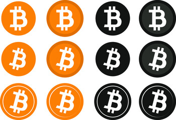 Bitcoin logo set color flat vector illustration and black logo isolated on white crypto currency