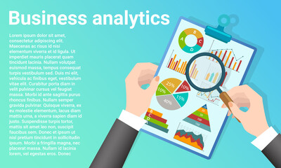 Business analytics.A businessman studies infographics and business reporting.Poster in business style.Flat vector illustration.