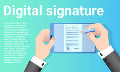 Naklejka premium Digital signature.The concept of digital office work.Electronic business.Poster in business style.Flat vector illustration.