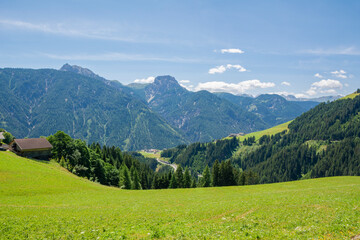 View from The Pustertaler or Val Pusteria Scenic Road to the valley and mountains, Abfaltersbach,...