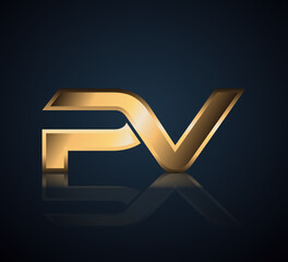 Modern Initial logo 2 letters Gold simple in Dark Background with Shadow Reflection PV