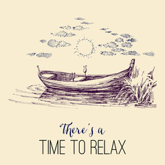 Time to relax card. Empty boat on lake, relaxation in nature sketch - 491847061