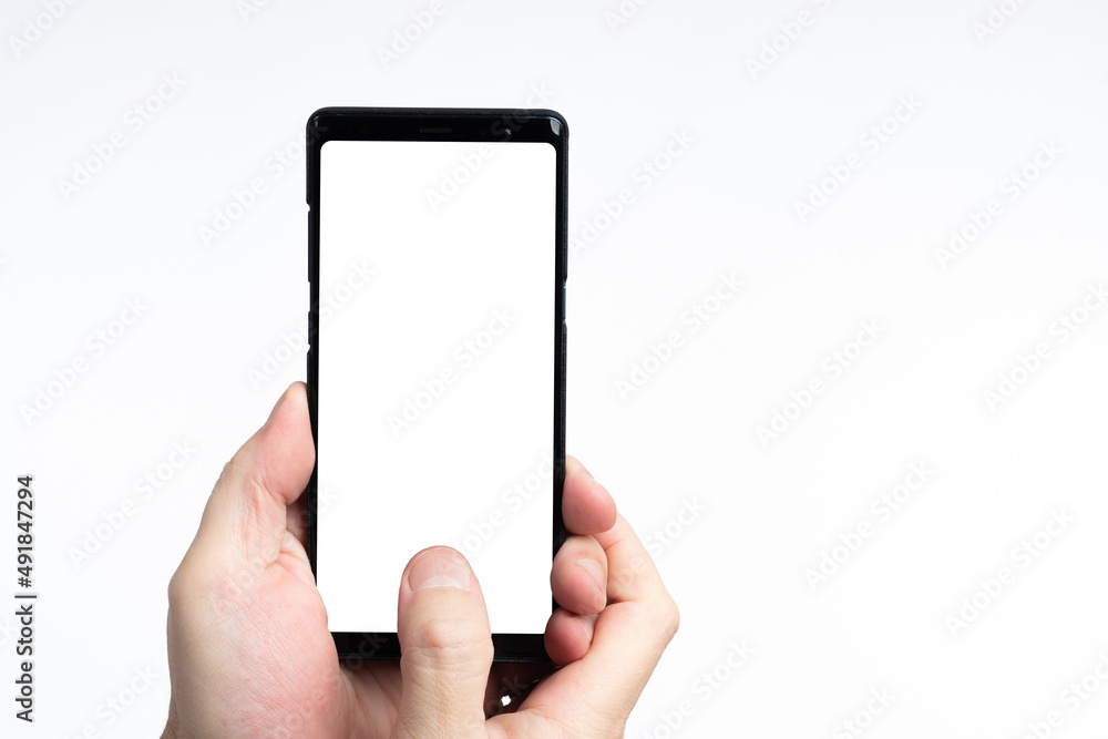 Aufkleber hands with phone. smartphone mock up. hands with phone on white. demonstration empty gadget. mobile 