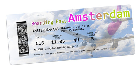 Airline boarding pass tickets to Amsterdam isolated on white - The contents of the image are totally invented - obrazy, fototapety, plakaty