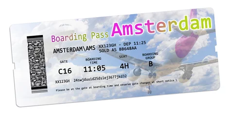 Deurstickers Airline boarding pass tickets to Amsterdam isolated on white - The contents of the image are totally invented © Francesco Scatena