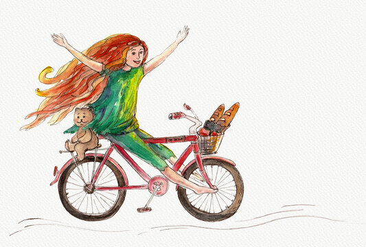Watercolor paintings landscape, girl with bike, girl with bicycle