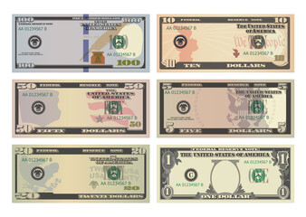 Set of One Hundred, Fifty, Twenty, Ten, Five Dollars and One Dollar bills without portraits of presidents. 100, 50, 20, 10, 5 and 1 US dollars banknotes. Template or mock up for a souvenir - obrazy, fototapety, plakaty