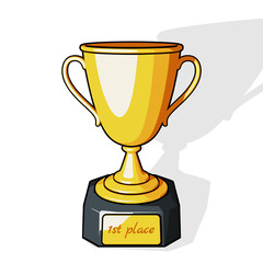 Golden trophy cup or champions cup with 1st place text on gold plate. Vector illustration in comic cartoon style on a white background