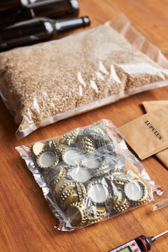 Bottle caps and barley grains
