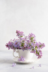 Decorative composition with Bouquet of lilacs in a porcelain cup on light background. lilacs branches in vase. Spring floral background with lilacs. Vertical, copy space. Poster, greeting card design