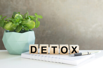 word Detox is written on wooden cubes on the table next to a notebook, a flower in a pot