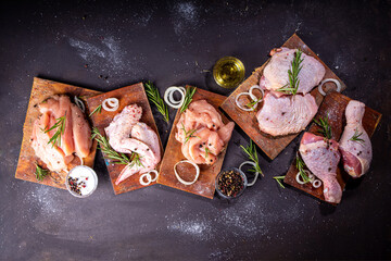 Assortment different pieces chicken meat. Cooking white meat, butcher shop concept. Chicken legs,...