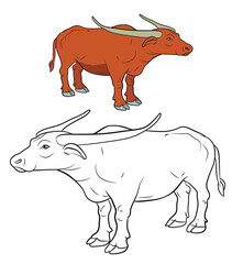 Animals, black and white image of a cow. Coloring book for kids. Vector drawing, color, design.