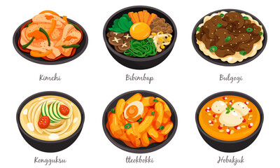 Korean food set menu isolated on white background illustration vector. (Kimchi, Bibimbap, Bulgogi, Kongguksu, tteokbokki and Hobakjuk) - obrazy, fototapety, plakaty