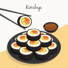 Kimbap (seaweed rice roll) on black plate with soy sauce recipe illustration vector.