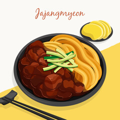 Jajangmyeon (Noodles with blackbean sauce) in black dish recipe illustration vector.